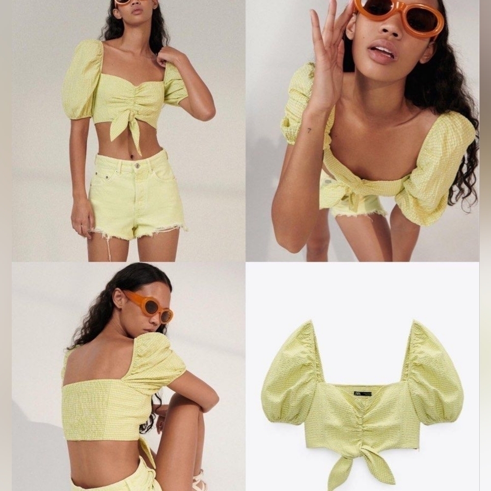New Zara Gingham Cotton Puff Sleeve Tie Knot Front Smocked Cropped Bra Top Small - Picture 2 of 12
